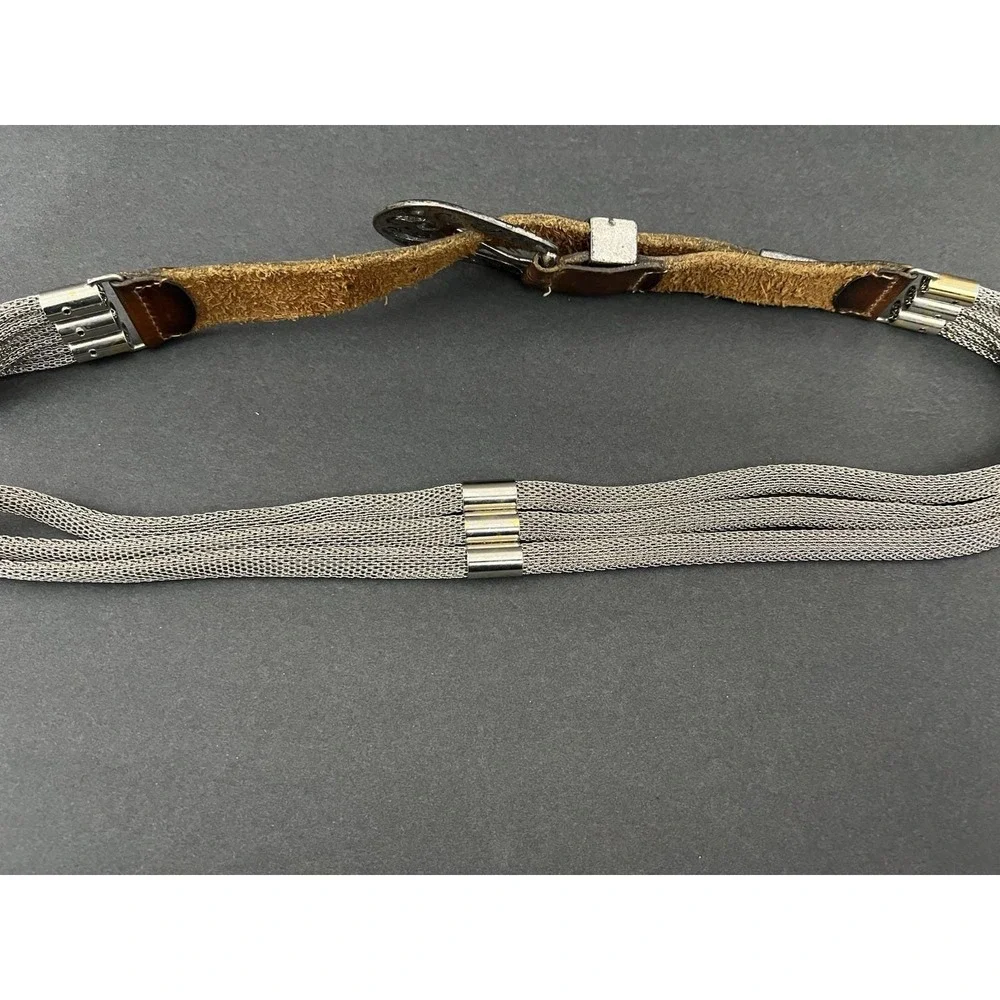 Vtg‎ Women Mixed Media Belt L Filigree Buckle Leather Multi-Strand Mesh Metal